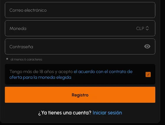 Campos de correo, moneda y contraseña del formulario, con la casilla de mayoría de edad y el botón de registro