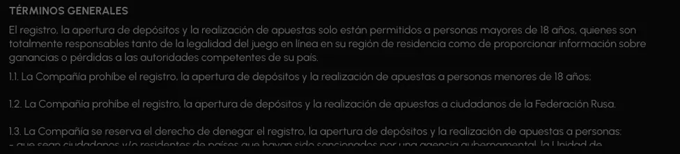 Cláusulas generales del contrato, con los puntos numerados sobre quién puede registrarse