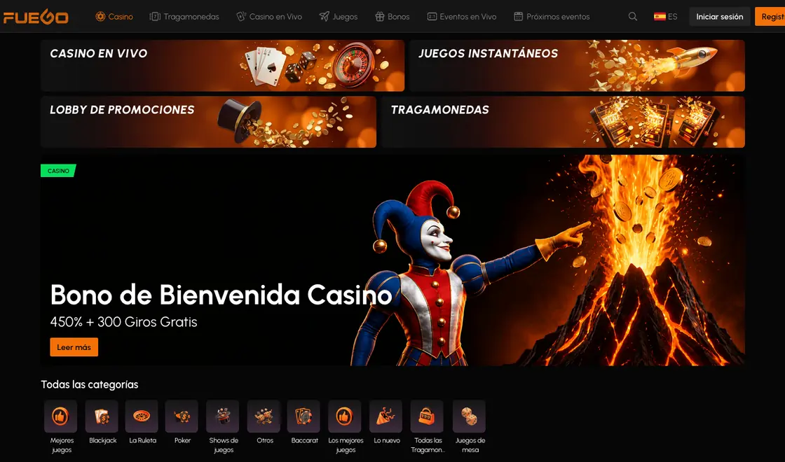 Vestíbulo del casino recién abierto, con las filas de fichas y el menú de secciones